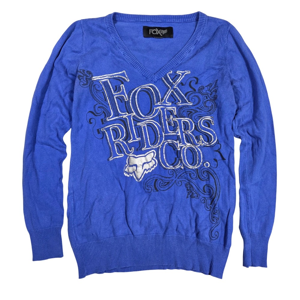 Fox Racing Riders Co Blue V-Neck Graphic Cotton Sweater Womens Medium Outdoors